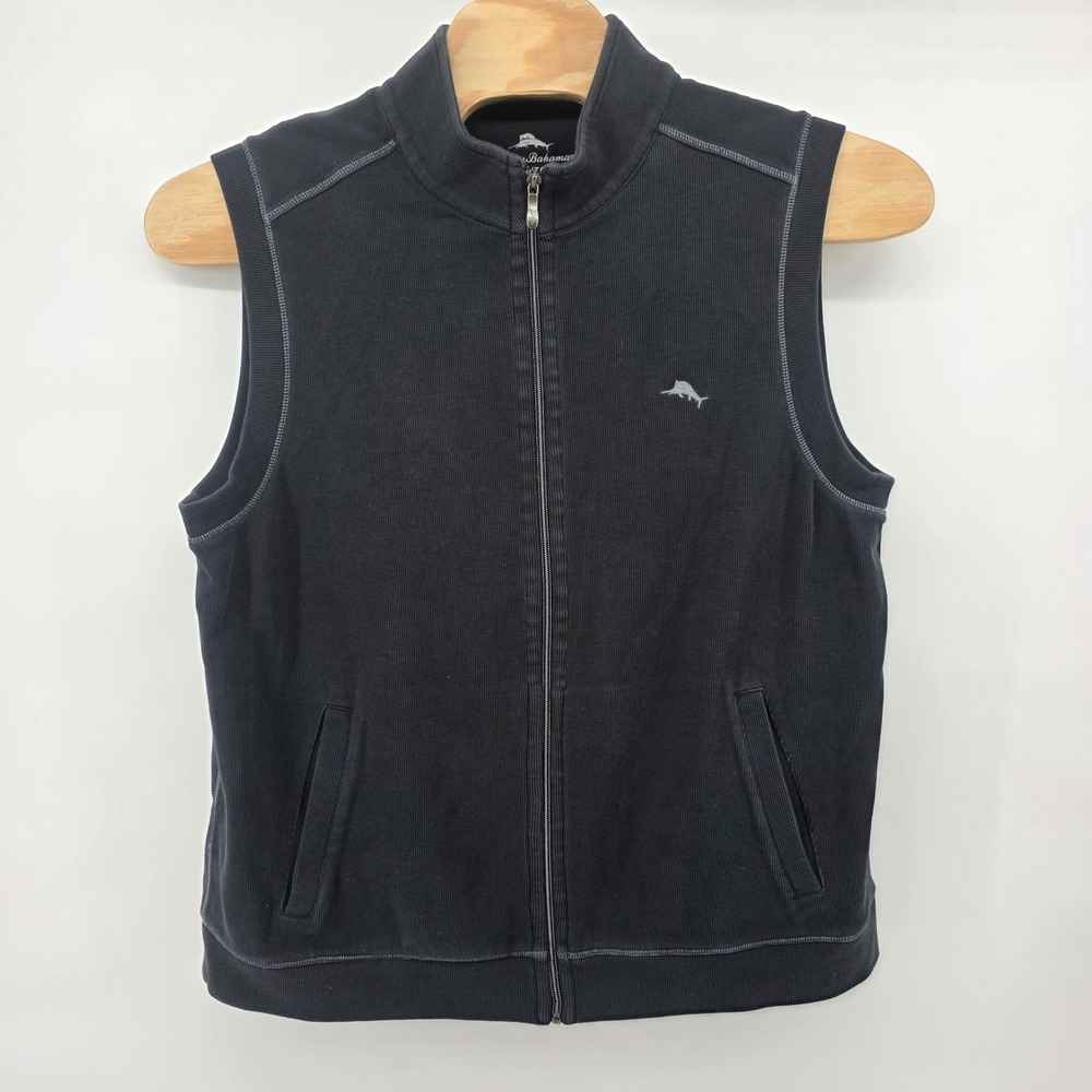 Tommy Bahama Mens XL Black Ribbed Cotton Full Zip Marlin Logo Vest Preppy